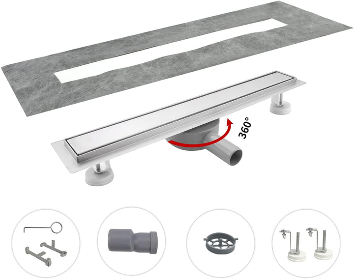 sunrik Duschrinne 100 cm, Befliesbar Duschrinne extra flach, Edelstahl Bodenablauf Komplettset mit 3