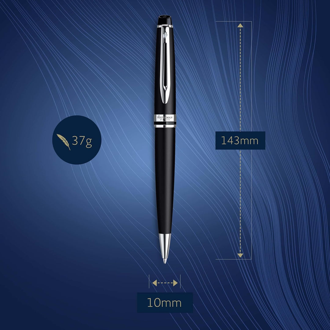Waterman Expert Kugelschreiber | Mattschwarz | Chromzierteile | Mittlere Spitze | Blaue Tinte | Gesc