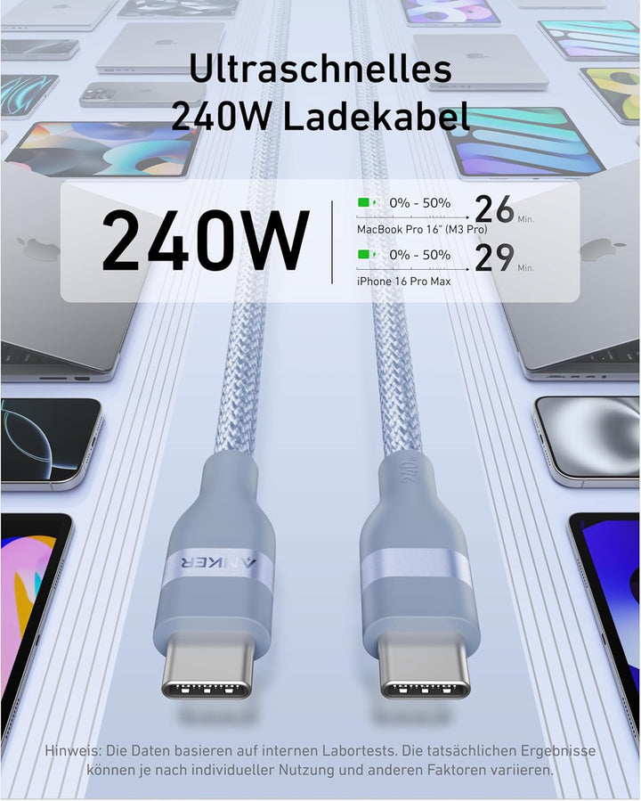 Anker Nano 240W USB C auf USB C Kabel, [1 Stück 1,8m] PD 3.0 Schnellladekabel USB C Kable, flexibel