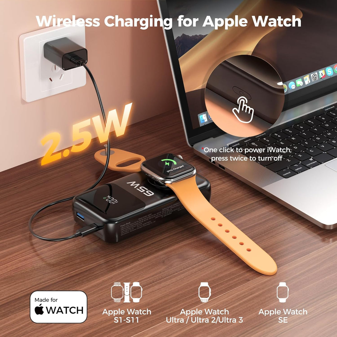 20000mAh Magnetische Power Bank mit Ladekabel, 65W USB-C Schnellladung, Ladegerät für Apple Watch, f