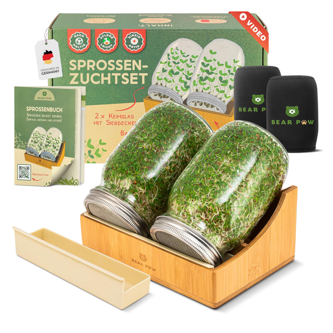 BEAR PAW® Sprossenglas 2er Set - 1000ml Keimglas für Sprossen Keimlinge - (inkl. Bambushalterung, Ab
