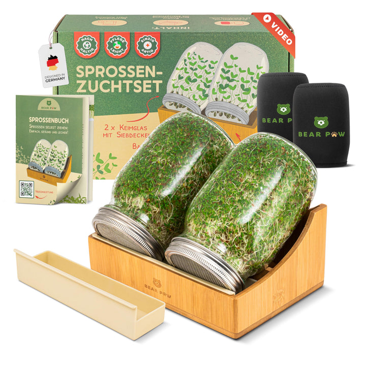 BEAR PAW® Sprossenglas 2er Set - 1000ml Keimglas für Sprossen Keimlinge - (inkl. Bambushalterung, Ab