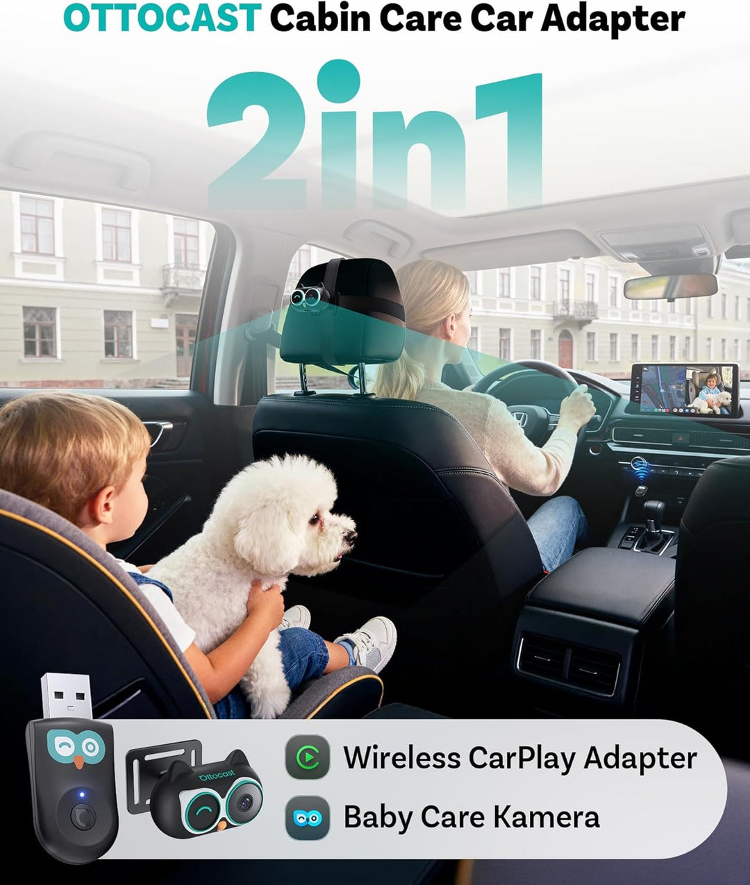 OTTOCAST Cabin Care 2026, 2-in-1 Wireless CarPlay Adapter & Baby Auto Kamera, 1080P HD Rücksitzüberw