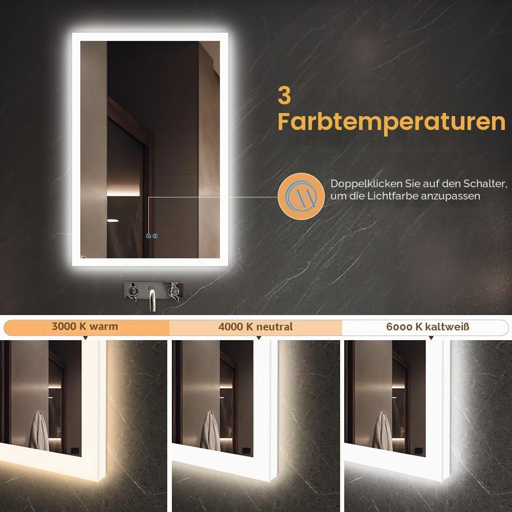 badspiegel mit Beleuchtung, Sandstrahl-Design led Spiegel Bad, 3 Farbtemperaturen, Dimmbar, Entfoggi