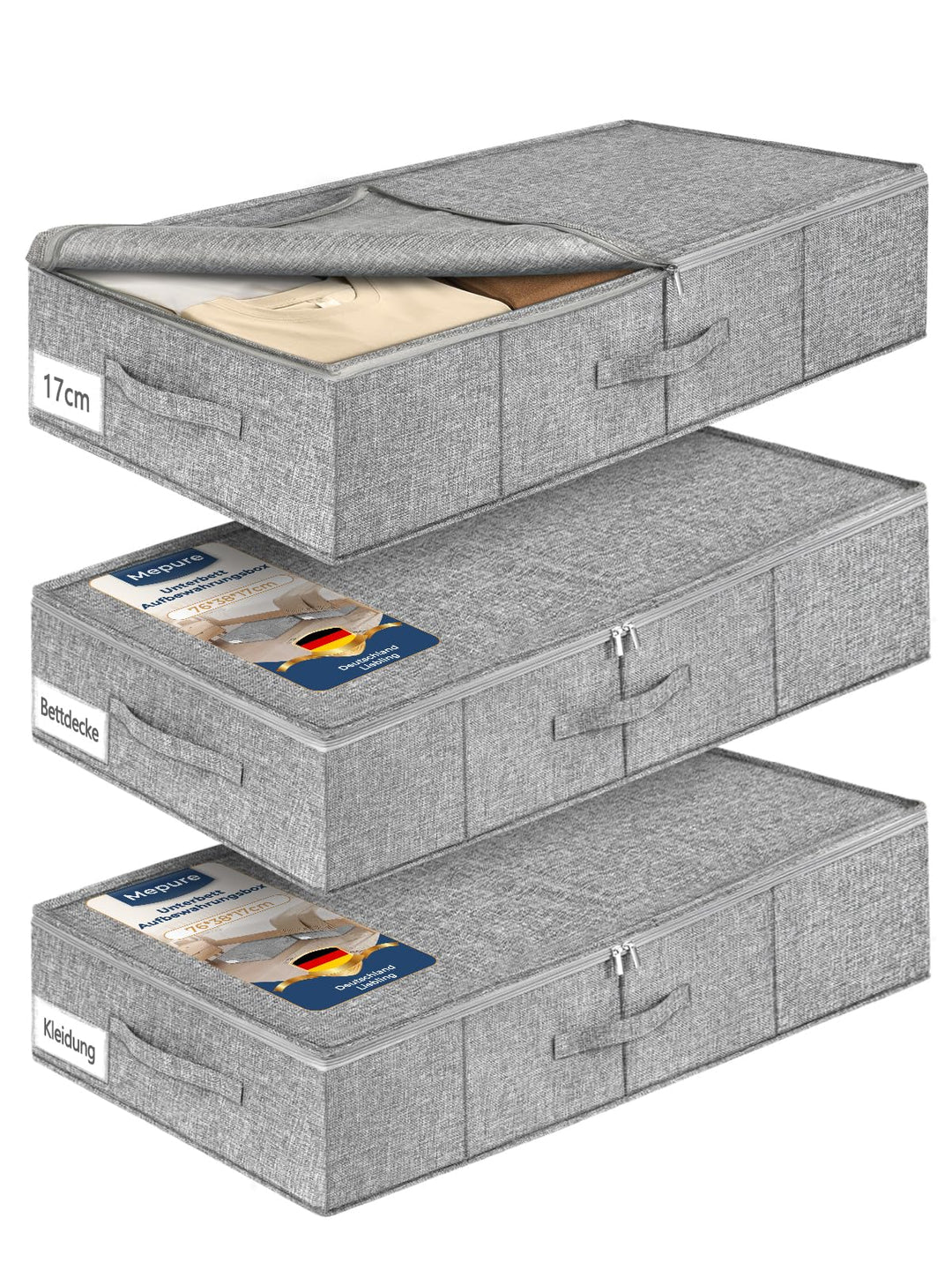 mepure Unterbett Aufbewahrungsbox,3 Stück – 50L Faltbare Unterbettkommode mit Deckel &amp; Doppelreissve