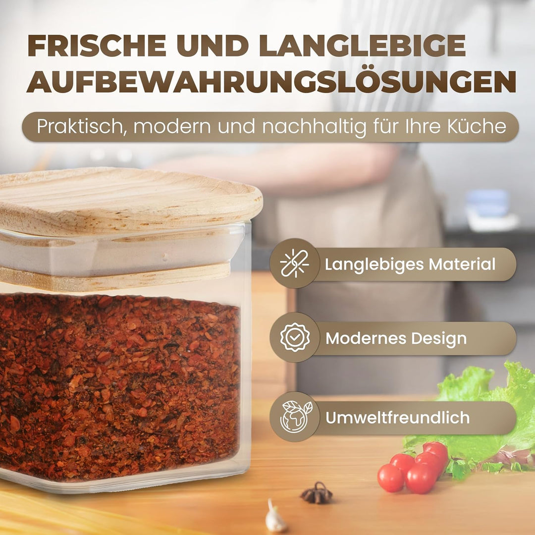 Celeko Home Gewürzgläser Set 150ml Stapelbar Eckig Holzdeckel (12 Stück) Gewürzbehälter Gewürzdosen