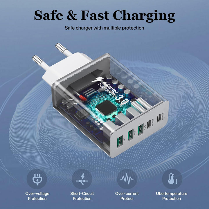 2er Pack USB C Ladegerät 50W, 5 Ports Mehrfach USB Stecker mit【2 USBC+3 USBA】, 50W Netzteil Wand-Lad