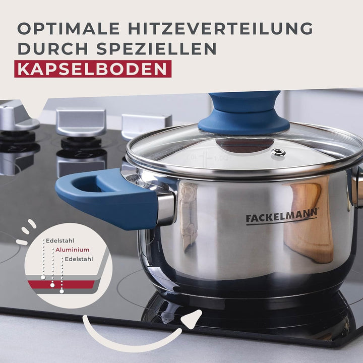 FACKELMANN Kochtopf Essential Ø 14 cm aus Edelstahl, dunkelblaue Bakelit-Griffe, energiesparender Ka