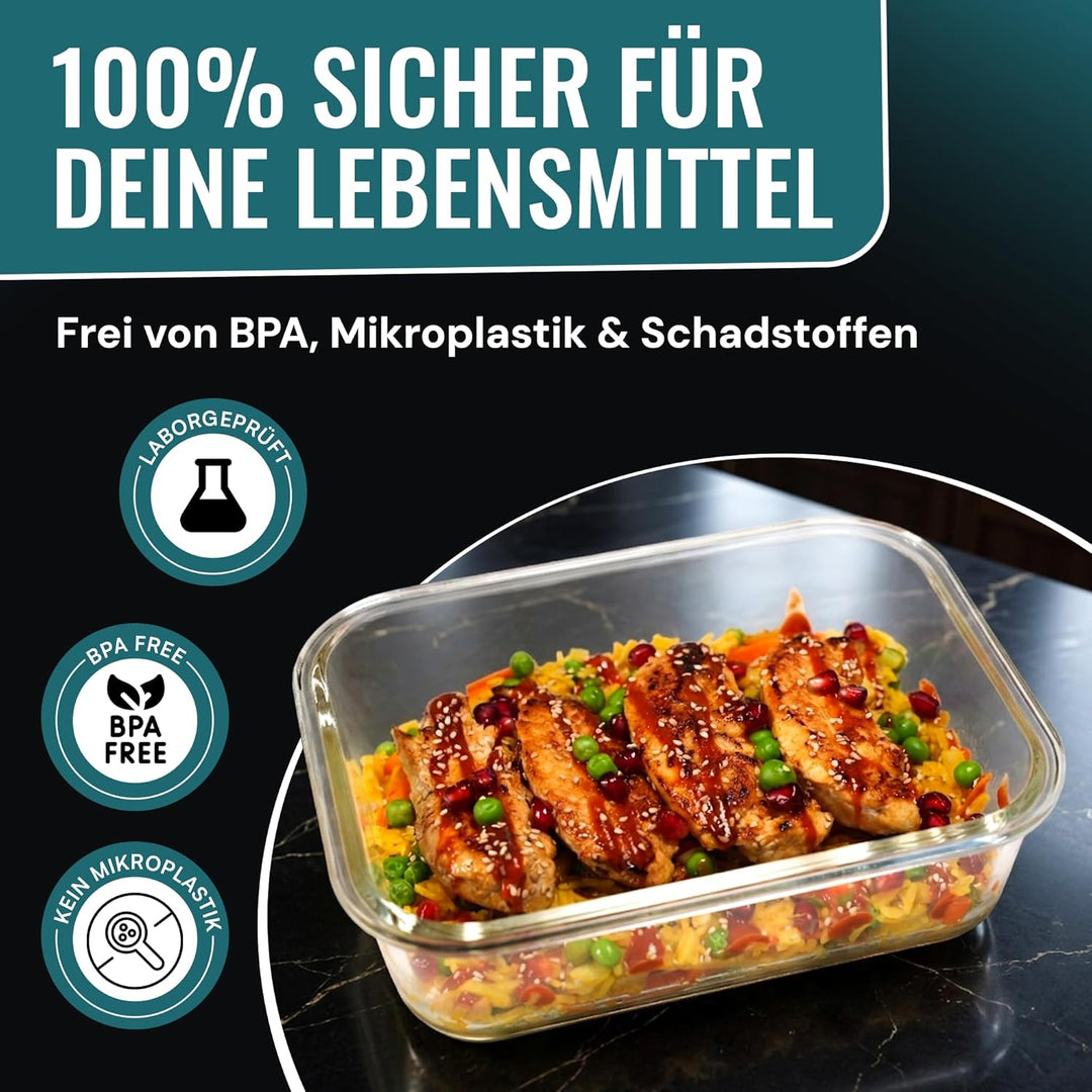 RDY® Meal Prep Glas-Boxen Set 5x 1500ml - luftdichte Glasbehälter Mikrowelle, Backofen, Gefrierfach