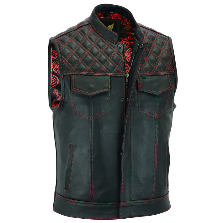 Leatherick Groove Club Herren-Motorradweste aus schwarzem Leder – Bikerweste 48 Schwarz (rote Rauten