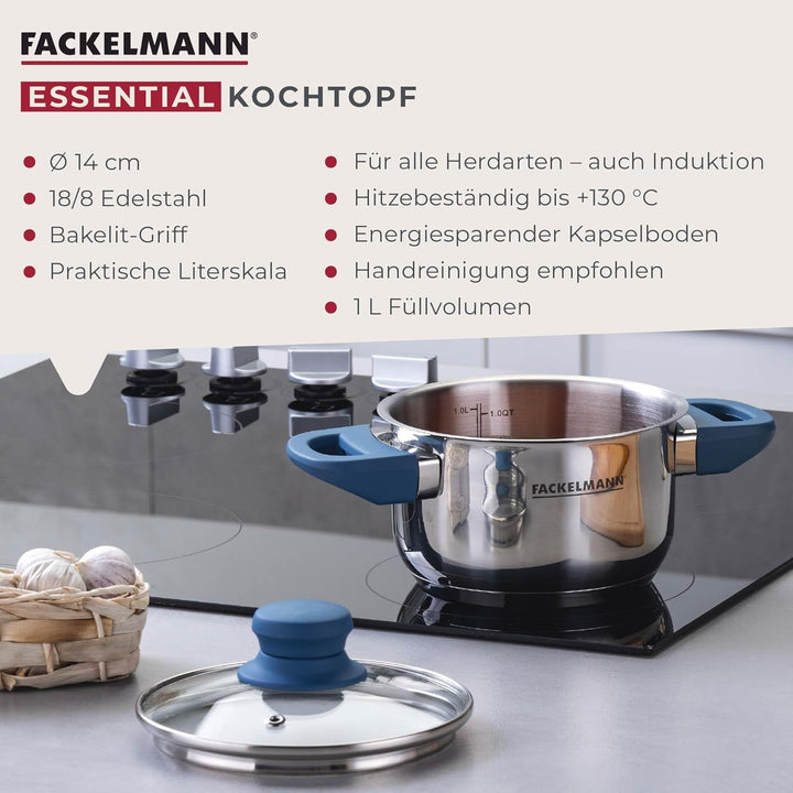 FACKELMANN Kochtopf Essential Ø 14 cm aus Edelstahl, dunkelblaue Bakelit-Griffe, energiesparender Ka