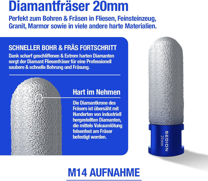 SEDION® Diamantfräser 20mm x M14 Premium - Exzellentes Bohren &amp; Fräsen von harten Fliesen - Fingerfr