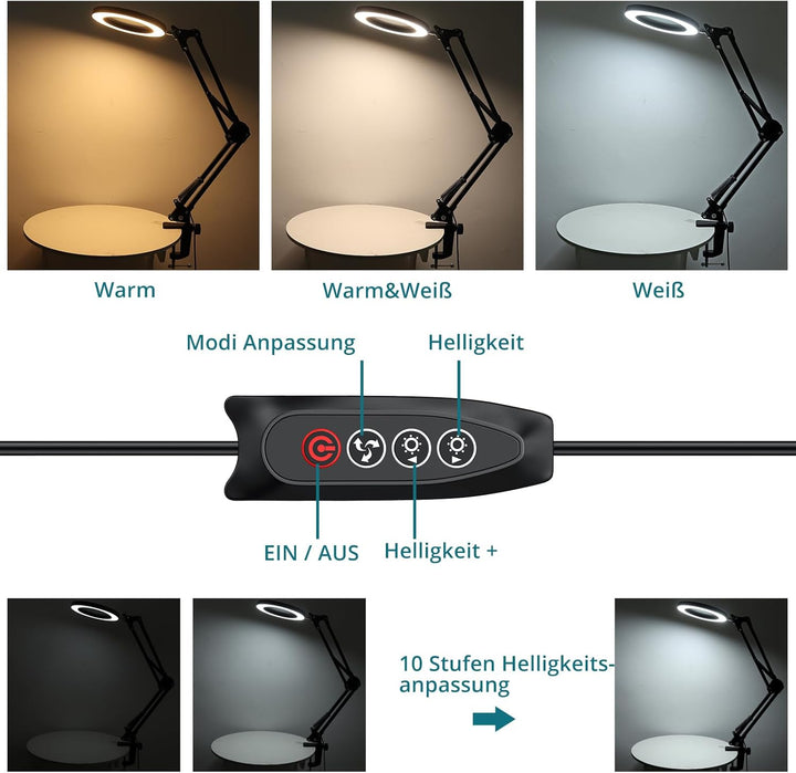 8X/15X LED Lupenleuchte mit Schwenkarm, Lupe mit Licht, Tischlampe mit 3 Farbmodi 10 Helligkeitsstuf