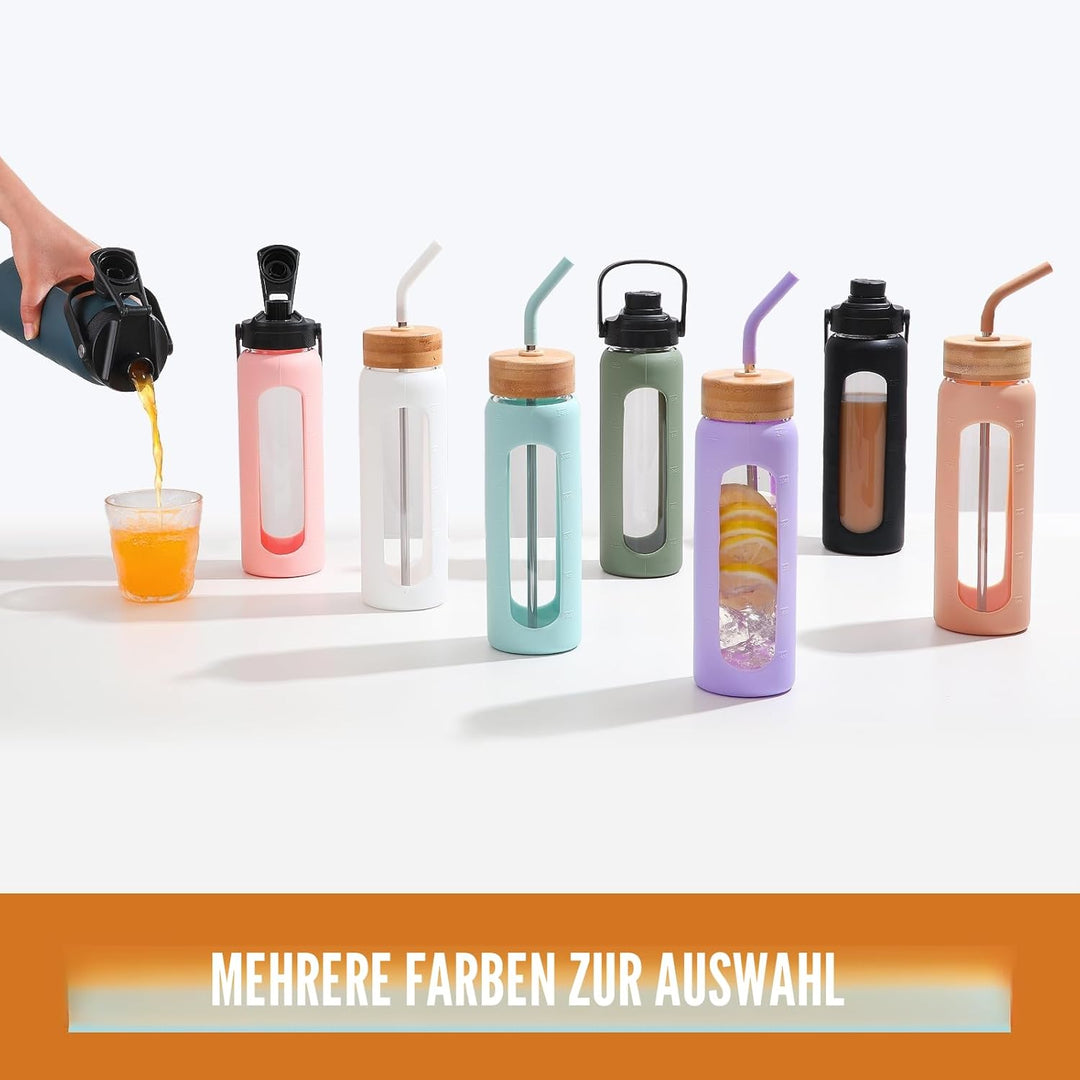 BLUEGO 700ml Glaswasserflasche mit Strohhalm und 2 Deckeln Kaffeetasse aus Glas mit Zeitmarkierung u
