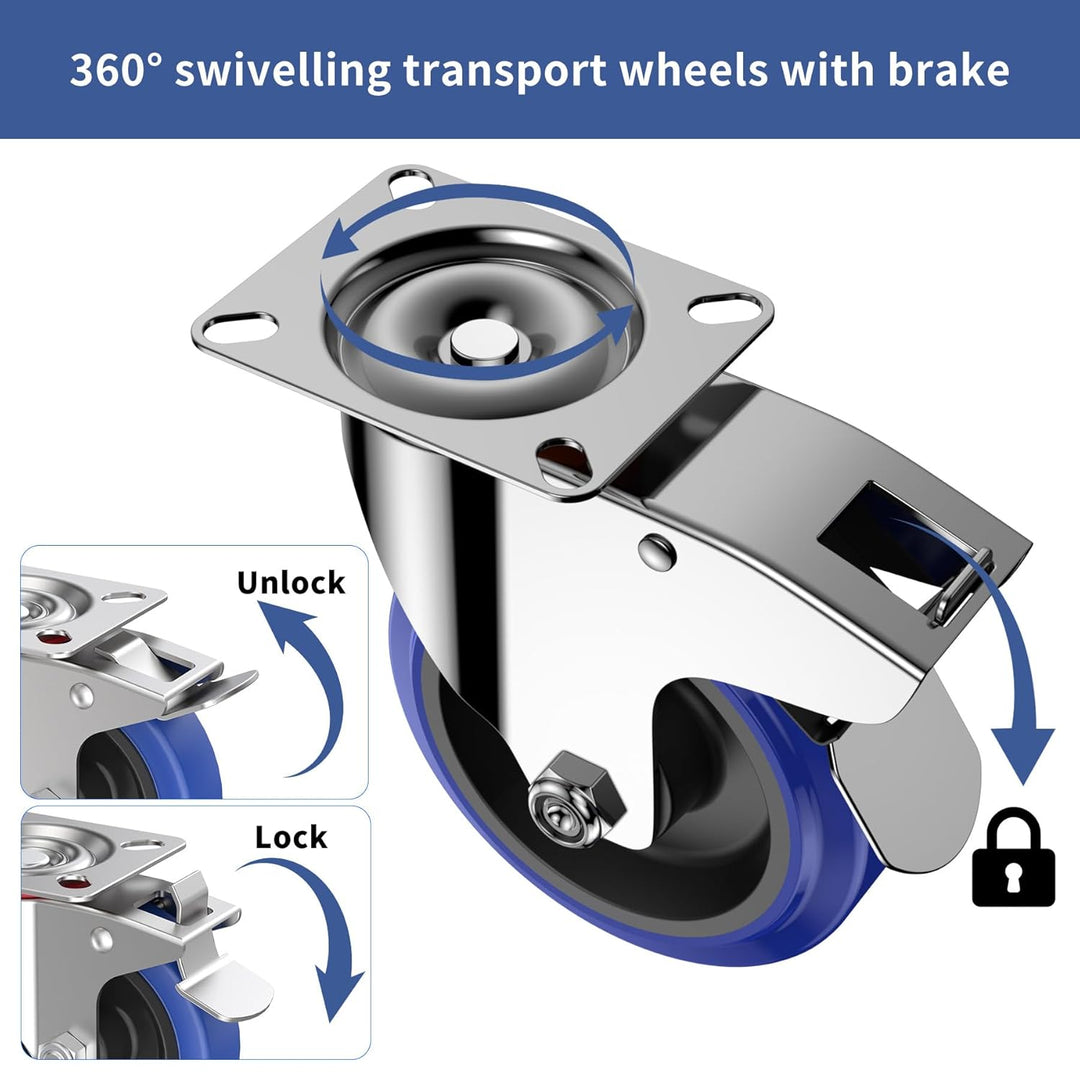 Forever Speed Schwerlastrollen 75mm 4 Stück Gummi Lenkrollen mit Bremse Premium Transportrollen bis