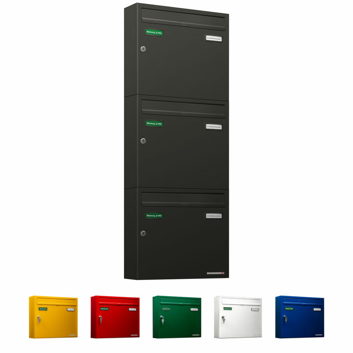 AL Briefkastensysteme Basic 3er Briefkasten DB 703 Eisenglimmer Grau 3 Fach DIN A4 wetterfest Briefk