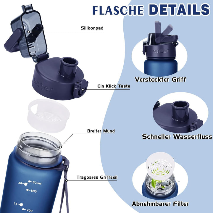 Trinkflasche 600ml, Wasserflasche BPA-Frei aus Tritan, Sport Trinkflasche Auslaufsicher 600ml Flasch
