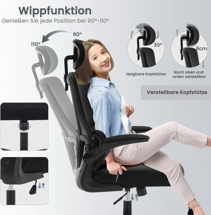 WOLTU Bürostuhl ergonomisch, Schreibtischstuhl Netzstoff, Drehstuhl höhenverstellbar, Schaukelfunkti