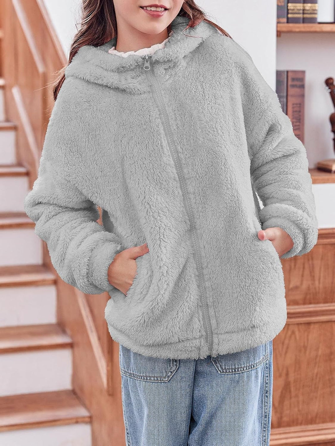 Haloumoning Mädchen Fleece Jacken Kinder Weich Fuzzy Kapuzenpullover Winter Coat Jacke 7-8 Jahre Gra