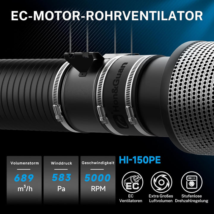 Hon&Guan EC Rohrventilator 150mm Regelbar mit Drehzahlregler,689 m³/h Rohrlüfter Hoher Luftdruck EC-