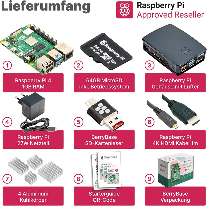 Raspberry Pi 4 Starterkit (1GB RAM) Komplett-Set von BerryBase, MicroSD-Karte mit Raspberry Pi OS, o