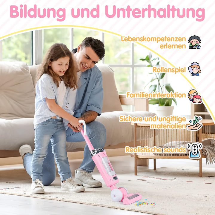 PLAY 2 in 1 Kinder Staubsauger Set, Elektrischer Staubsauger Spielzeug mit Eva-Granulat, Saugen und