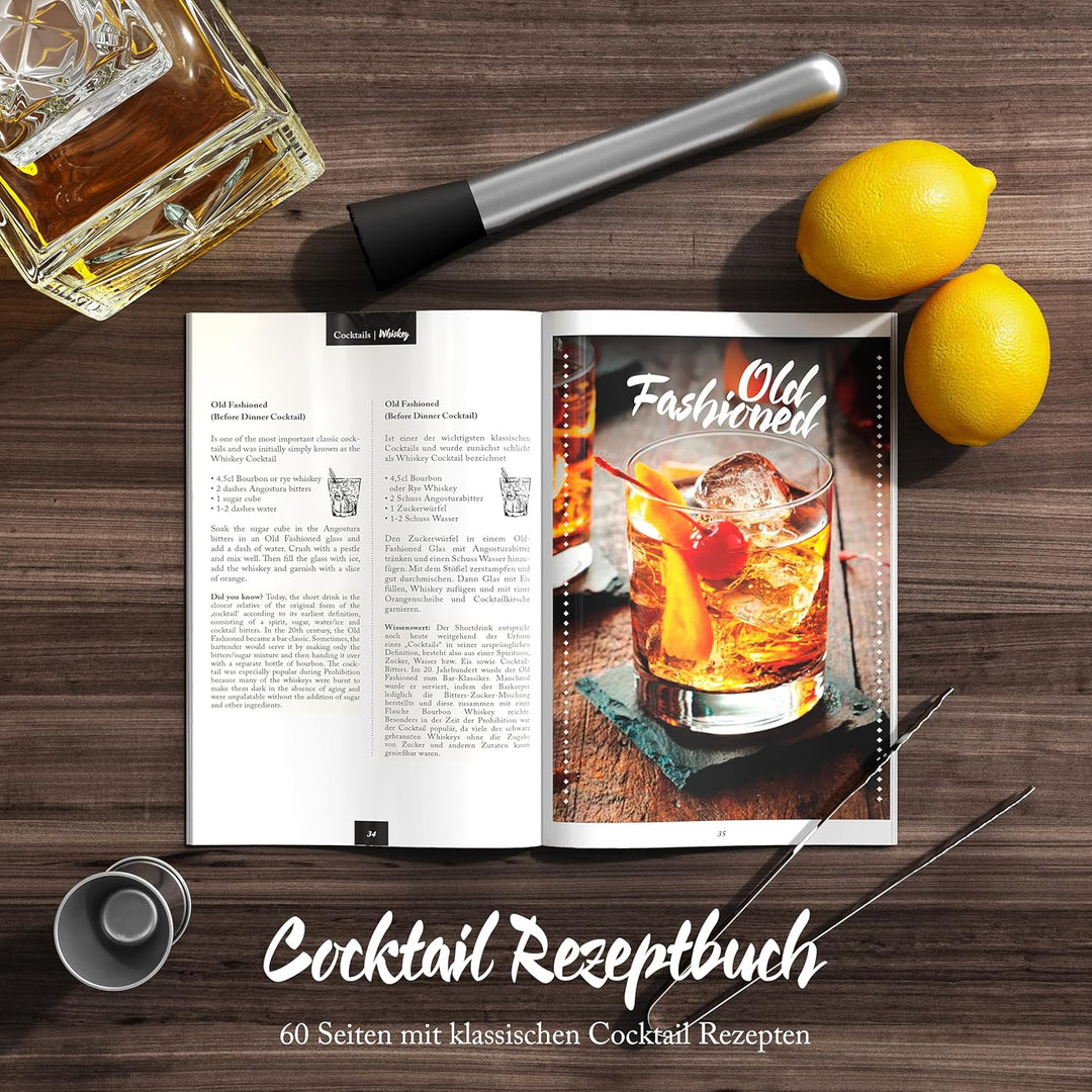 Cocktail Shaker Set Boston mit Ständer & Rezeptbuch: Premium Edelstahl Bar Cocktailset Cocktailshake