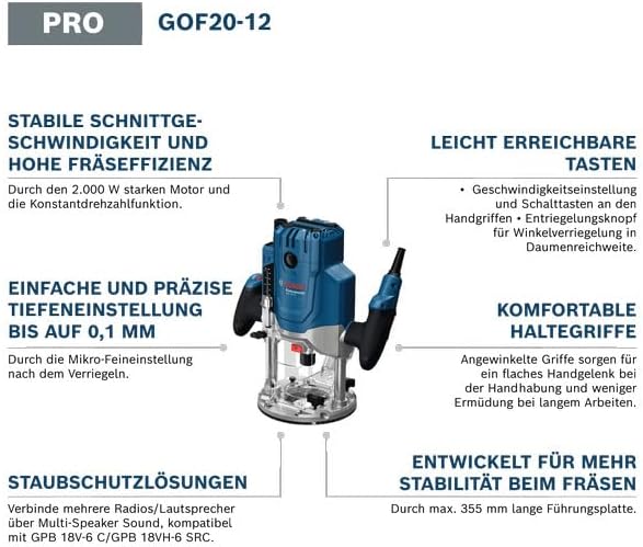 Bosch Professional kabelgebundene Oberfräse GOF 20-12 (2000W, inkl. Staubabsaugung, Rollenführung un