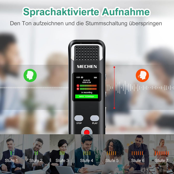 MECHEN 128GB Diktiergerät mit Spracherkennung, 1536kbps Aufnahmegerät mit MP3-Player, HD-Klangqualit