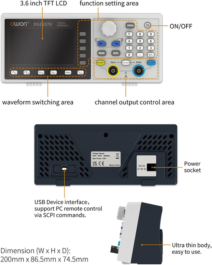 OWON DGE2070 Arbitrary Waveform Generator AWG 14bit vertikale Auflösung 2CH 70MHz 300MSa/s 3,6 Zoll