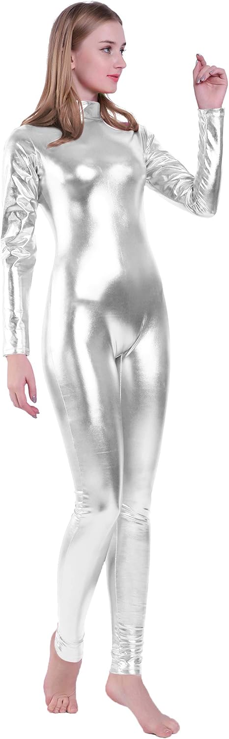 Kepblom Glänzender Metallic-Einteiler mit Rollkragen, langärmelig, ohne Fuss, Zentai-Anzug, Catsuit,
