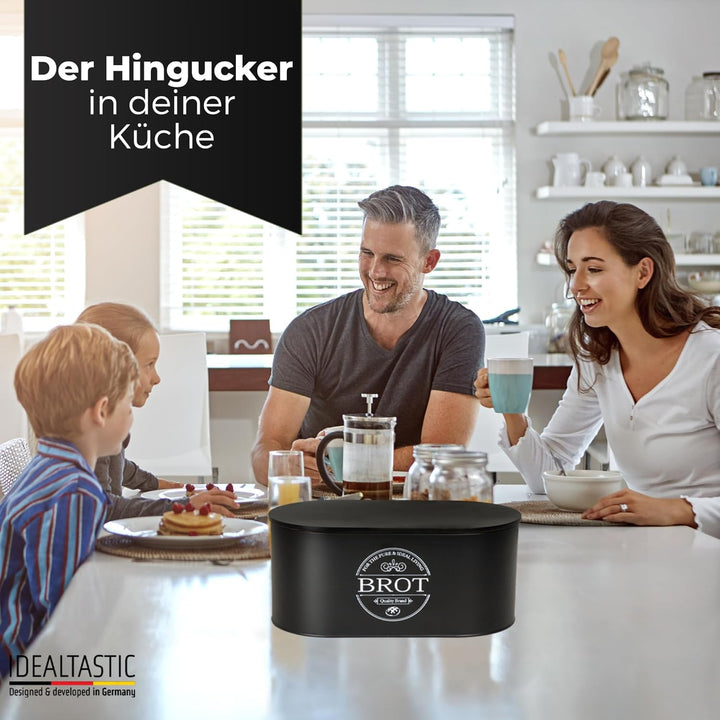 IDEALTASTIC® Premium 2-in-1 Brotkasten schwarz mit effizientem Schneidebrett-Deckel I Länger frischh