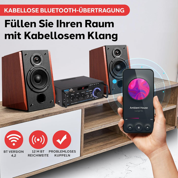 Pyle Bluetooth Verstärker, 200W – 2 Kanal Amplifier mit USB/SD/FM, Mikrofon & RCA, HiFi-Verstärker m