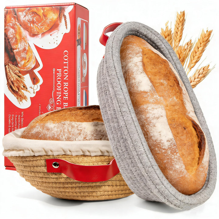 Gärkörbchen- Sauerteig Brot Gärkorb Set – 23 cm Rund & 26 cm Oval mit Bezug & Deckel | Natursauertei