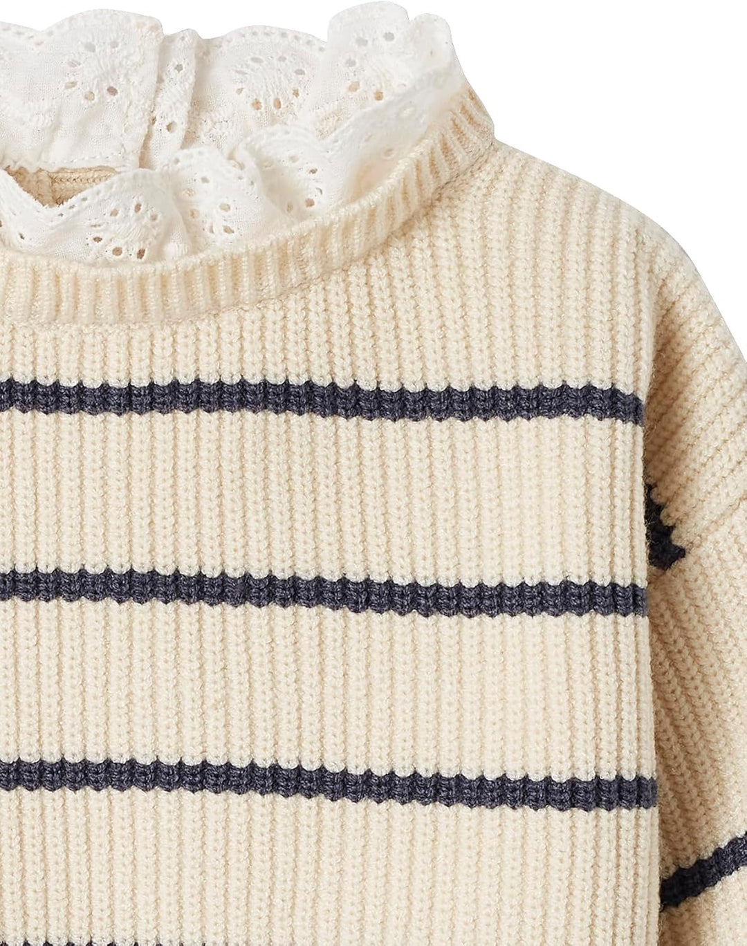 Vertbaudet Baby Pullover mit Volantkragen Geschwister-Capsule Wollweiss/Marine Gestreift Klassisch,