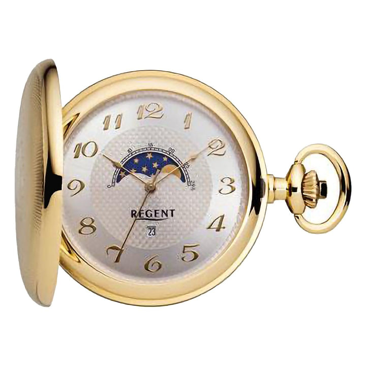 REGENT Herren Taschenuhr Savonnette Klappdeckel 50 MM Quarz Arabische Zahlen Datum Mondphase Gold-si
