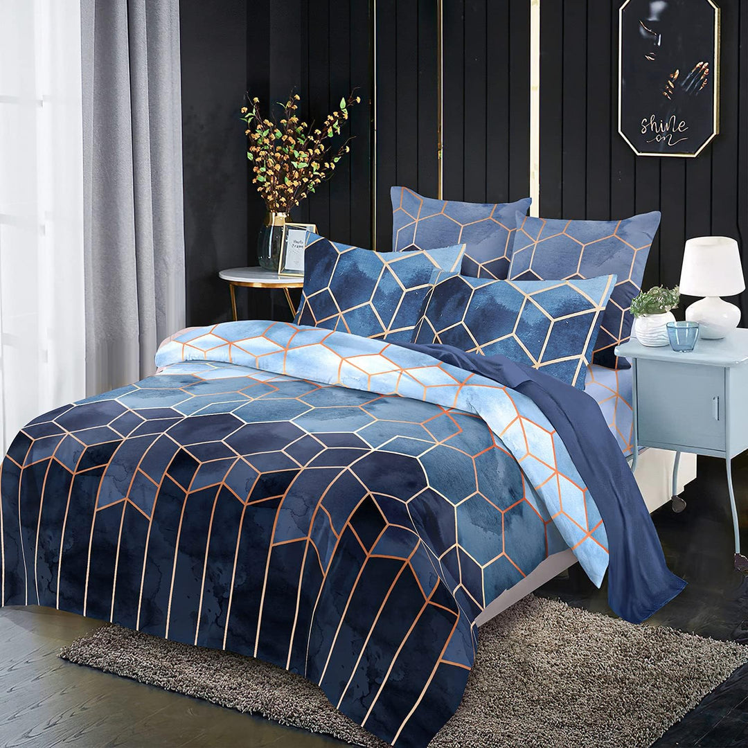Freyamy Bettwäsche 220x240 cm 3 Teilig Blau Kariert Marmor Wendebettwäsche Geometrische Modern Micro