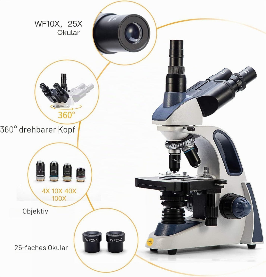 SWIFT SW380T 40X-2500X, Trinokulares Verbund-Labormikroskop mit doppellagiger mechanischer Bühne, Si