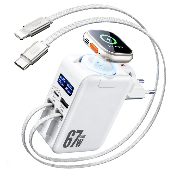 HATALKIN 67W Einziehbares Ladegerät mit Apple Watch Ladegerät, USB Ladegerät Netzteil mit Schnelllad