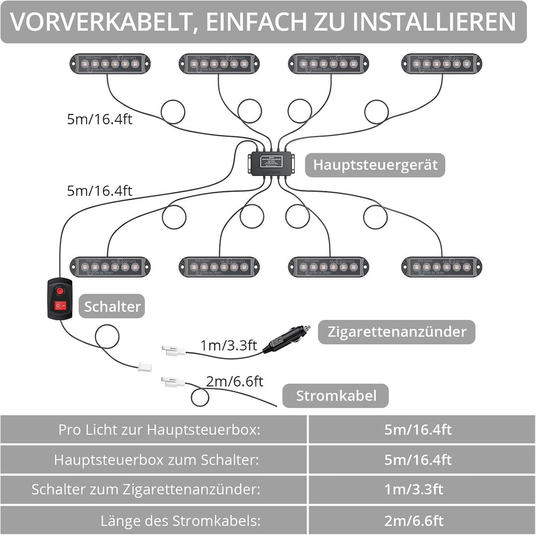 Justech 8er 6LED Warnlicht Frontblitzer Stroboskoplicht Frontblitzer, 30 Modi Warnleuchte Stroboskop