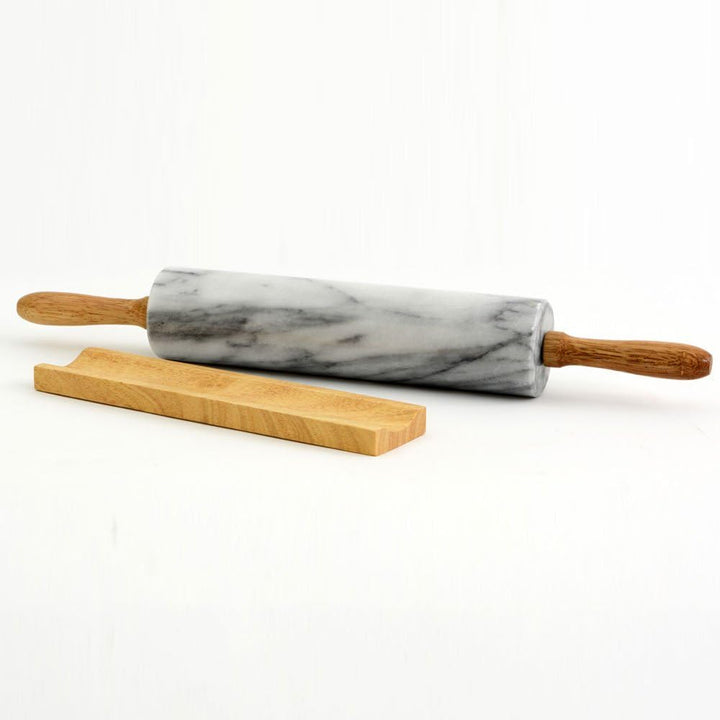 Cbam Teigroller aus weissem Marmor, mit Holzbasis, Horwood Rolling Pin &amp; Stand