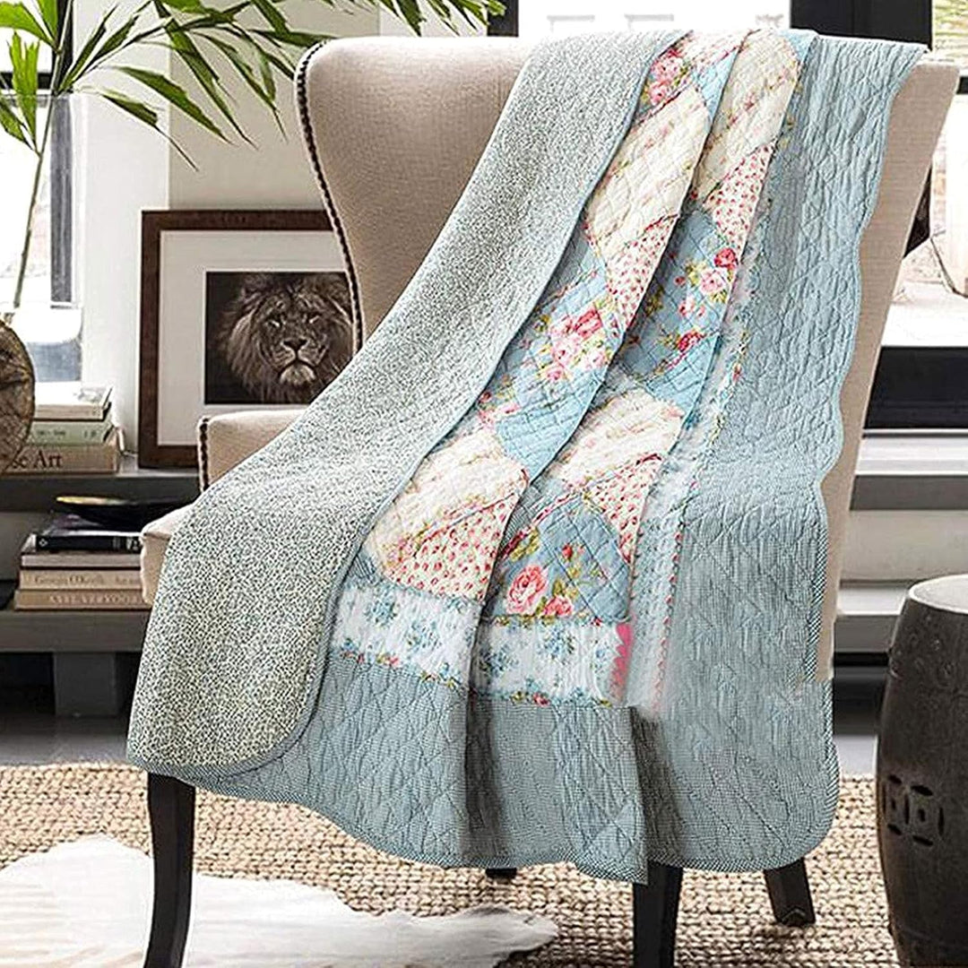 VIVILINEN Blaue Baumwolle Patchwork Quilt Gesteppte Tagesdecke Überwurf Decke für Couch Twin Grösse