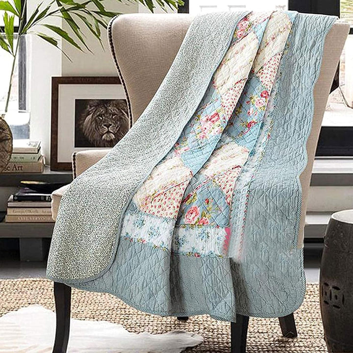 VIVILINEN Blaue Baumwolle Patchwork Quilt Gesteppte Tagesdecke Überwurf Decke für Couch Twin Grösse