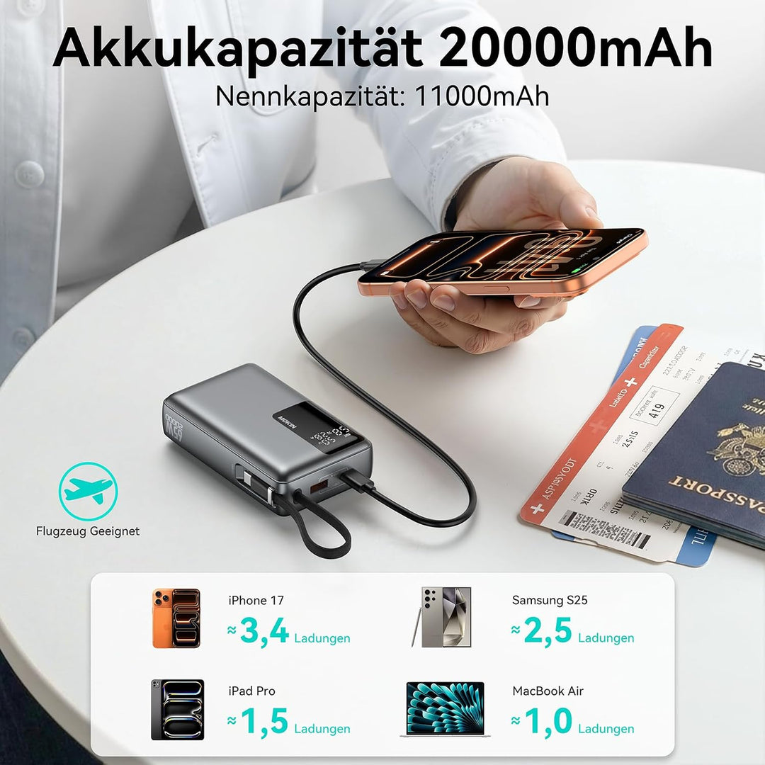 Power Bank, 65W 20000mAh Powerbank Schnellladefunktion USB C PD3.0 &amp; QC4.0 Tragbarer Externer HandyA