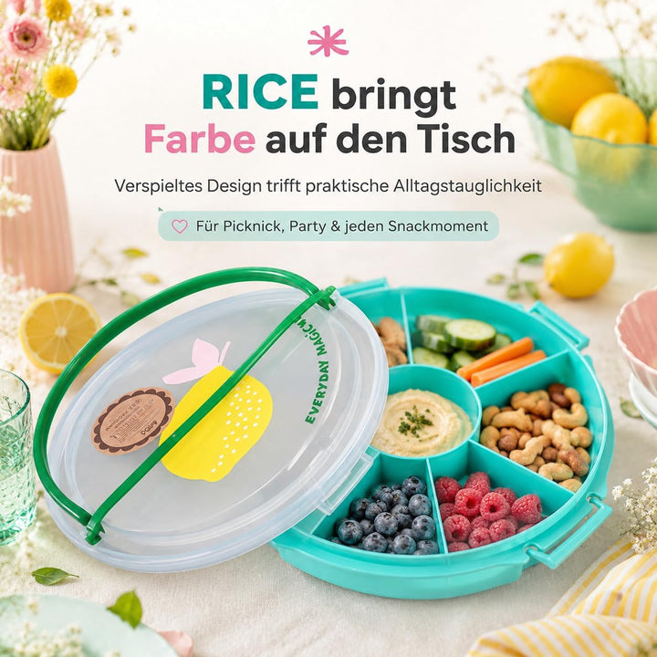 Rice Serviertablett rund Ø 32 cm mit Deckel &amp; Tragegriff – Snack- &amp; Partyplatte mit Fächern, BPA-fre