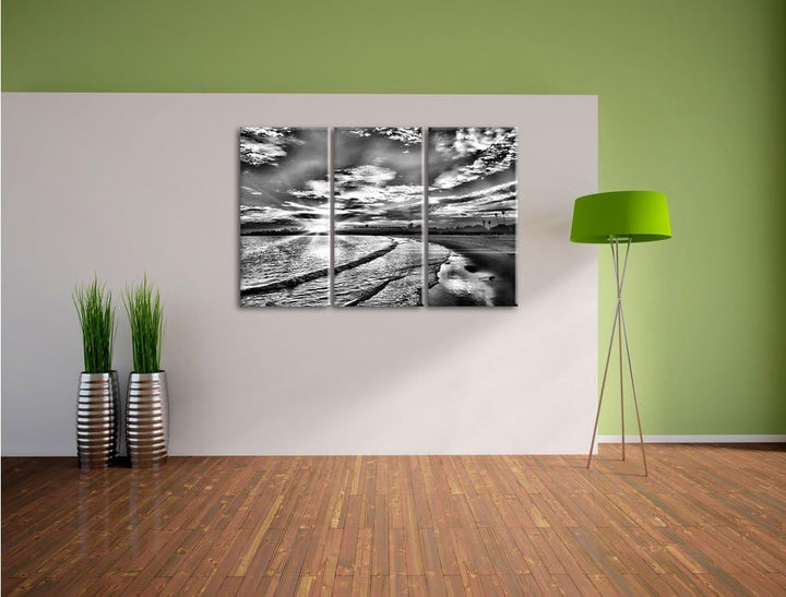 Pixxprint Monocrome, Los Angeles Beach 3-Teiler Leinwandbild 120x80 Bild auf Leinwand