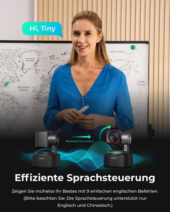 OBSBOT Tiny 2 - PTZ 4K Webcam mit KI-Tracking, Sprachsteuerung, Gestensteuerung, Autofokus, USB3.0,