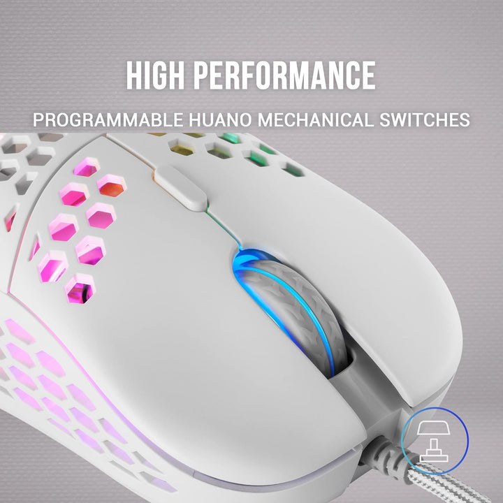 Mars Gaming MM55W Weiss, RGB Chroma Gaming Maus, Ultraleichtgewicht 55g, 12800 DPI, HUANO Mechanisch