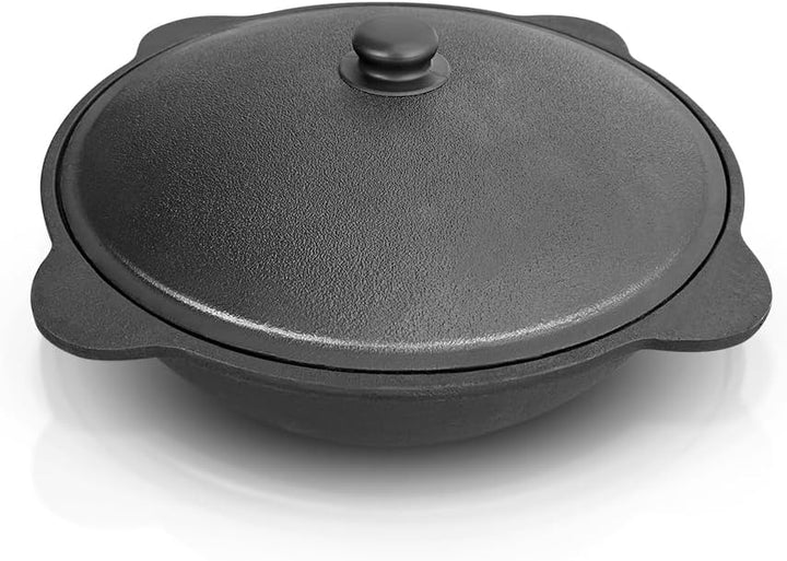 Set - Usbekischer Gusseisen Kasan 10 L runder Boden, Deckel aus Aluminiumguss Schaumlöffel 48 cm Sch
