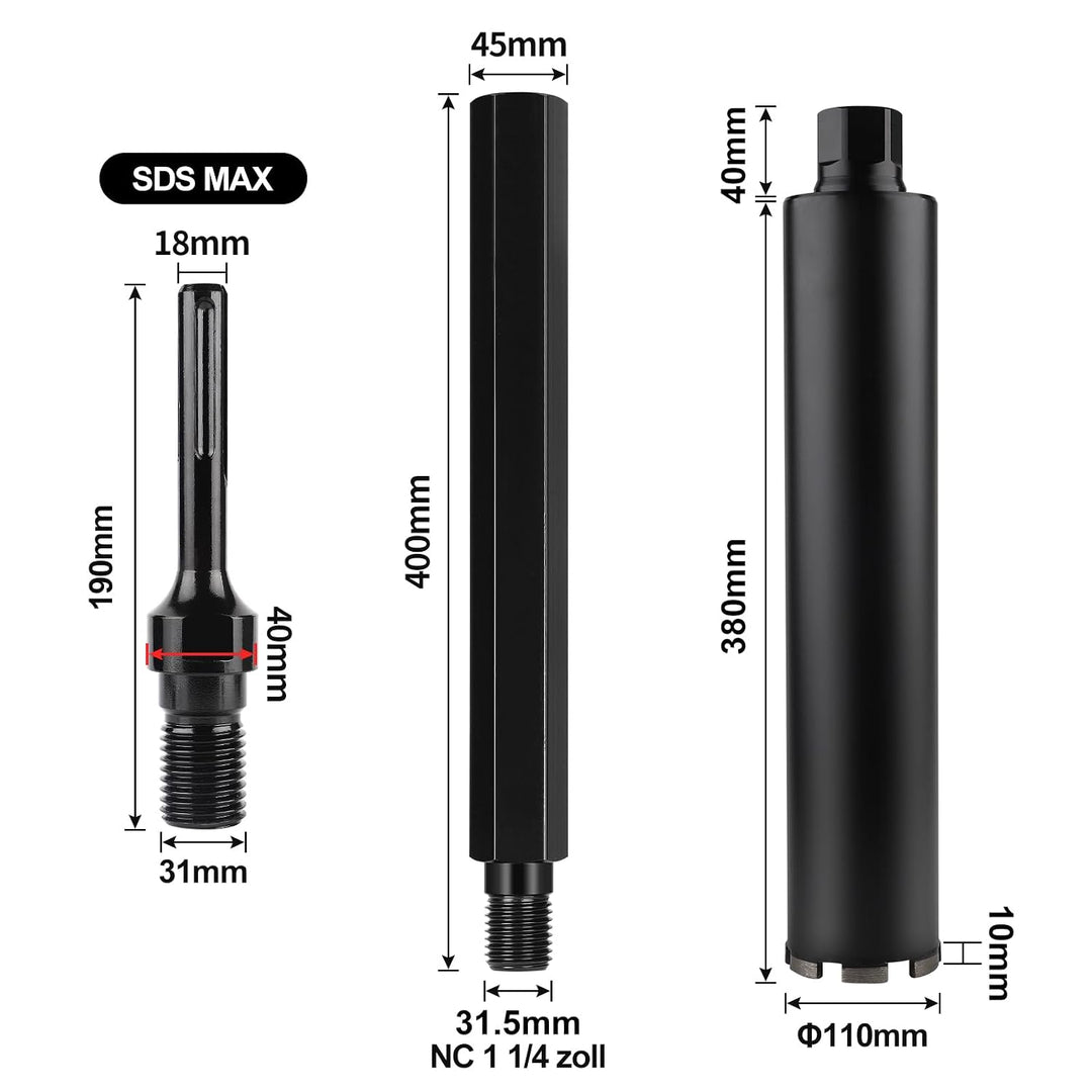 CPROSP 1¼" UNC ⌀110mm Diamantbohrkrone mit Kernbohrer Verlängerung 400mm und SDS MAX Adapter, Kernbo